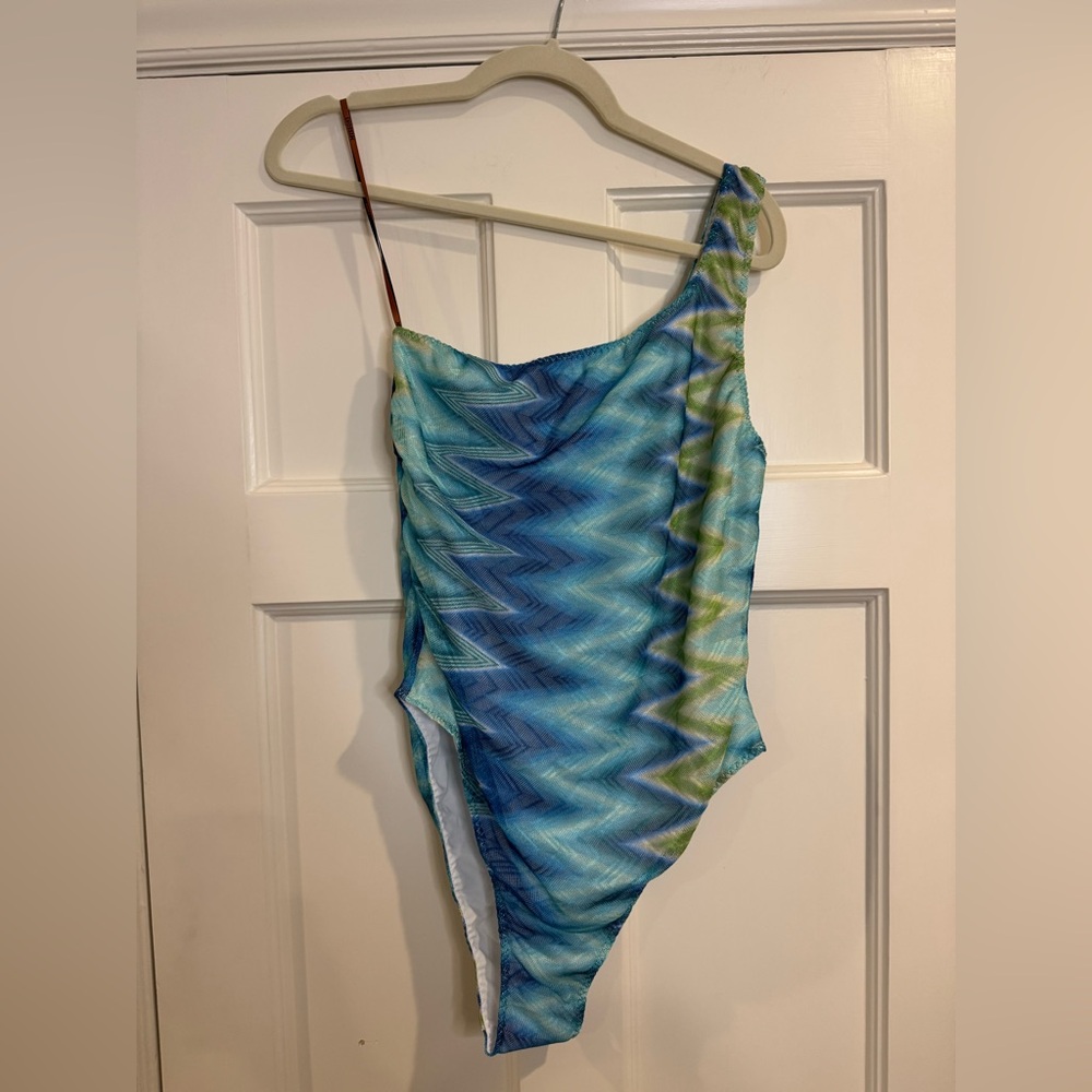 Missoni Blue & Green Zigzag One-Shoulder Swimsuit